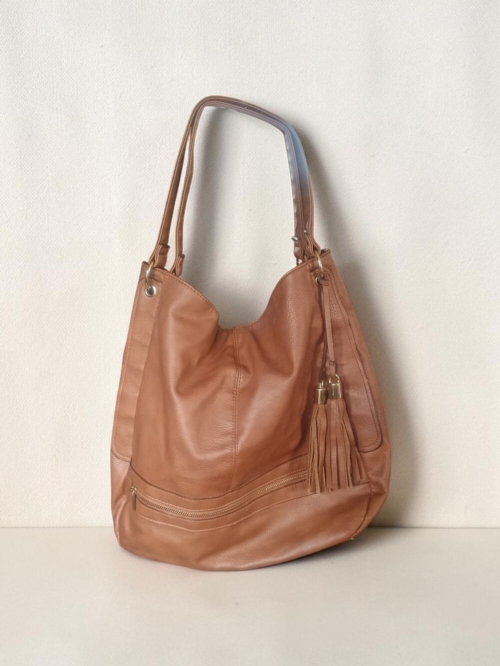 Classic Tan Faux Leather Hobo Bag with Tassel